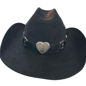 HAT western cowboy/cowgirl black silver heart buckle detail micro suede NWT